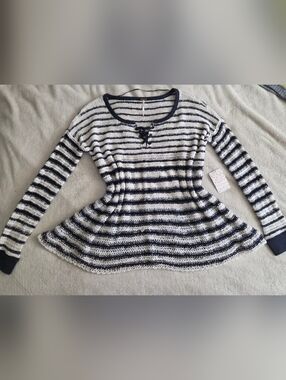 NWT Free People Navy/White Striped Loose Knit Sweater Size Large